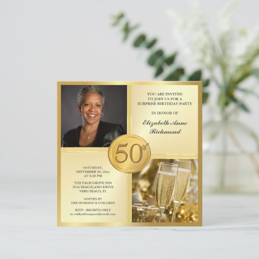 Elegantes Gold50. Einladung (Stehend Vorderseite)