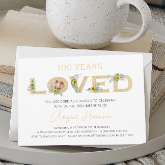 Elegantes Gold 100 Jahre Geliebt Foto Geburtstagsf Einladung