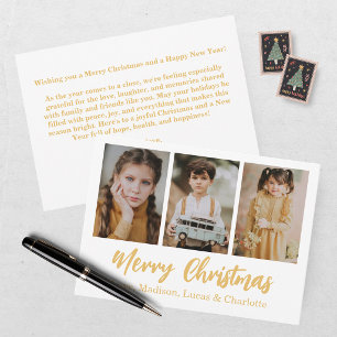 Elegantes Gold 3-Foto-Collage Weihnachten Einladung