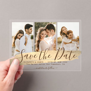 Elegantes Gold 3 Foto Hochzeit Save The Date Acryleinladungen