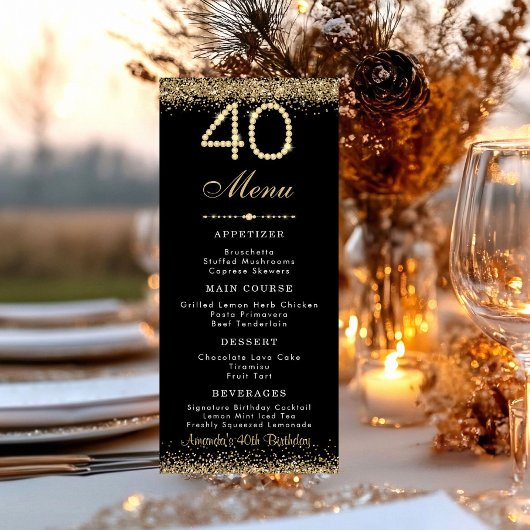 Elegantes Gold 40. Geburtstags-Dinner-Menü Menükarte