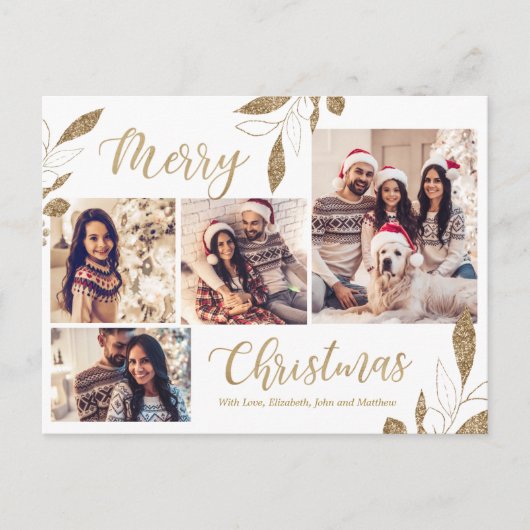 Elegantes Gold 4 Foto Collage Botanisches Weihnach Postkarte (Vorderseite)