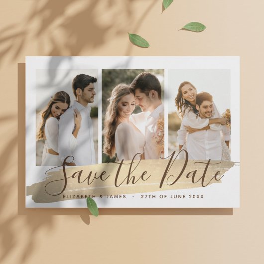 Elegantes Gold 4 Foto Save the Date Hochzeit Einla