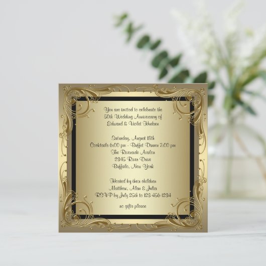 Elegantes Gold 50. Hochzeitliches Jubiläum Party Einladung (Stehend Vorderseite)
