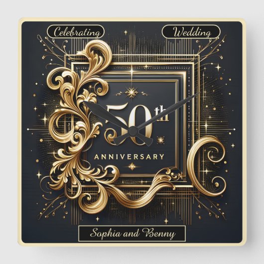 Elegantes Gold: 50-jähriges Design Quadratische Wanduhr (Vorderseite)