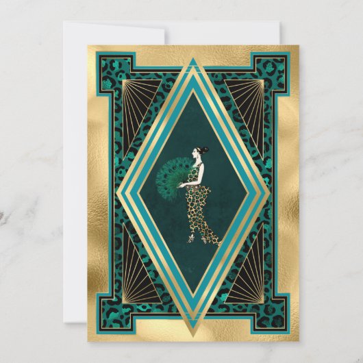 Elegantes Gold Aquamarin Art Deco Giro del Malcant Einladung (Rückseite)