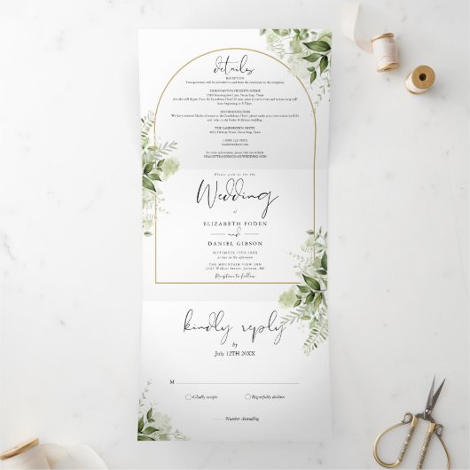 Elegantes Gold Arch Botanische Grüne Foto Hochzeit Dreifach Gefaltete Einladung (Innenseite)