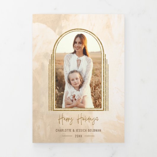 Elegantes Gold Arch Happy Holidays Skript-Foto Dreifach Gefaltete Karte (Cover)