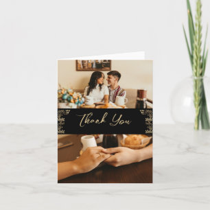 Elegantes Gold Art Deco auf schwarz, 2 Fotos Hochz Dankeskarte