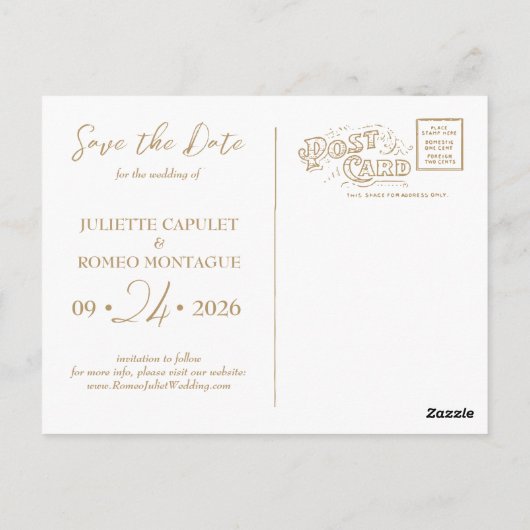 Elegantes Gold Art Deco auf schwarz Save the Date Postkarte (Rückseite)