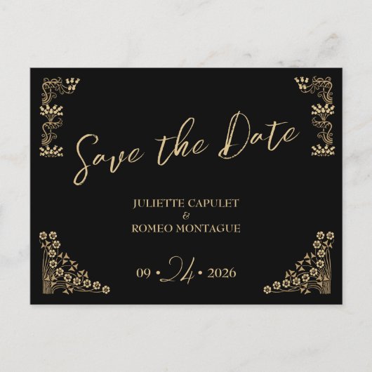 Elegantes Gold Art Deco auf schwarz Save the Date Postkarte (Vorderseite)