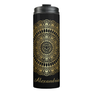 Elegantes Gold auf Black Lotus Henna Mandala Thermosbecher