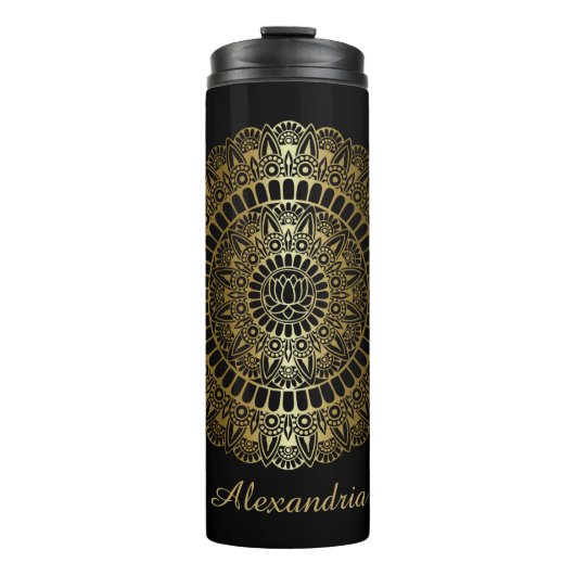 Elegantes Gold auf Black Lotus Henna Mandala Thermosbecher (Vorderseite)