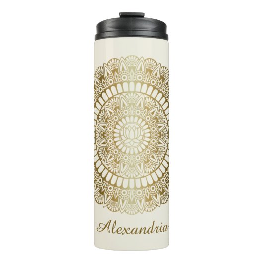 Elegantes Gold auf Cream Lotus Henna Mandala Thermosbecher (Vorderseite)