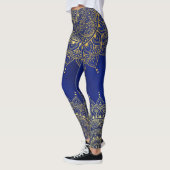 Elegantes Gold auf Deep Blue Floral Henna Mandala Leggings (Links)