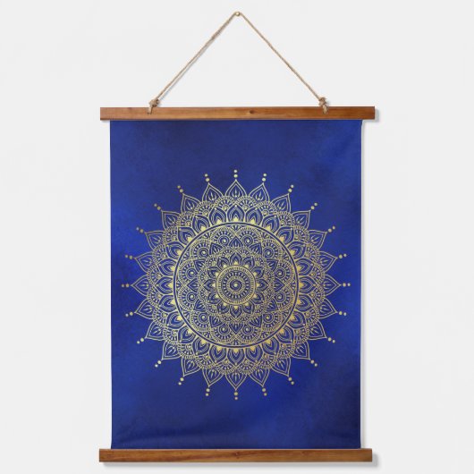 Elegantes Gold auf Deep Blue Floral Henna Mandala Wandteppich Mit Holzrahmen (Vorderseite)