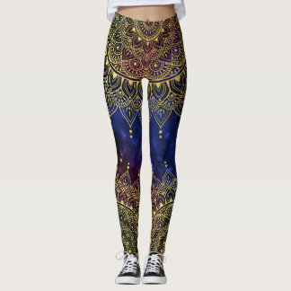 Elegantes Gold auf Dunkelnebel Flora Henna Mandala Leggings