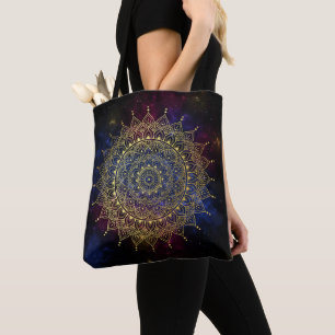 Elegantes Gold auf Dunkelnebel Flora Henna Mandala Tasche