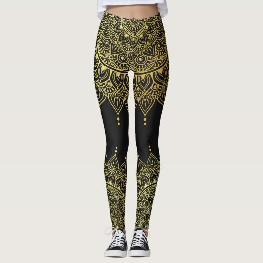 Elegantes Gold auf sanften schwarzen Flora Henna M Leggings (Vorderseite)