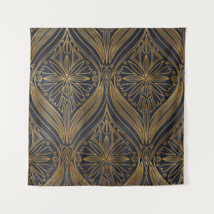 Elegantes Gold auf schwarzem Damast-Muster Wandteppich