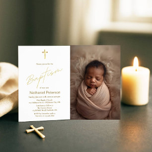 Elegantes Gold Baby Boy Baptism Foto Einladung