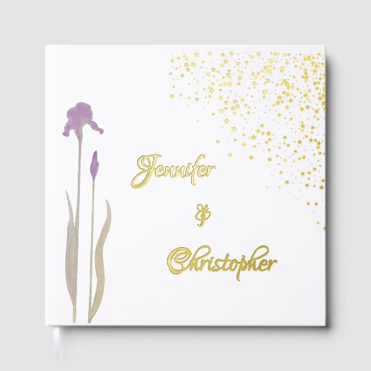 Elegantes Gold & Bale Lila Wasserfarben Iris Hochz Gästebuch (Vorderseite)