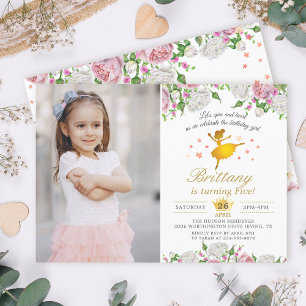 Elegantes Gold Ballerina Floral Girl Foto Geburtst Einladung