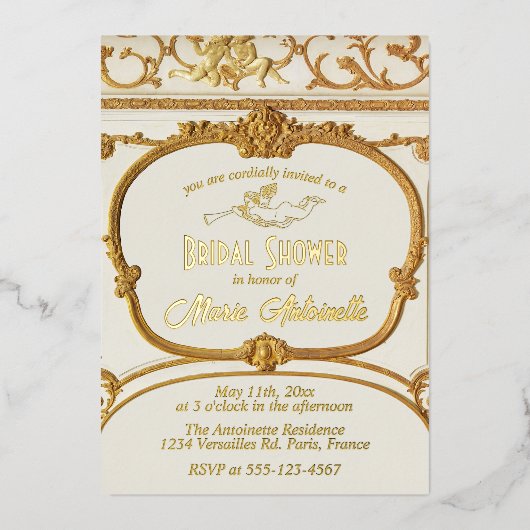 Elegantes Gold Baroque Rokoko Brautparty Folieneinladung (Vorderseite)