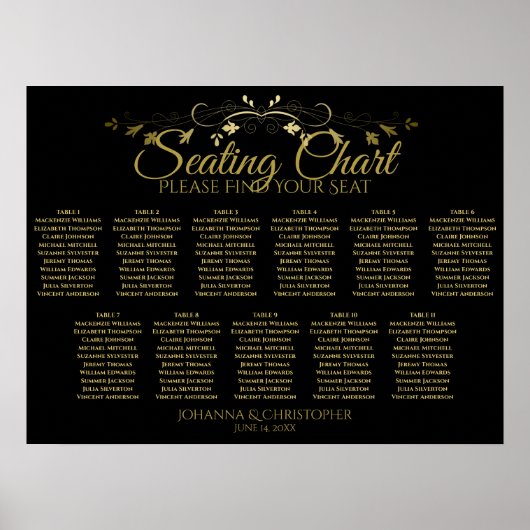 Elegantes Gold Black 11 Table Wedding Seating Char Poster (Vorne)