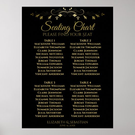 Elegantes Gold & Black 4 Table Seating Chart Poster (Vorne)