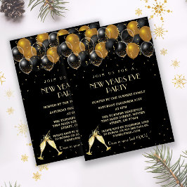 Elegantes Gold Black Balloons New Year Party Einladung
