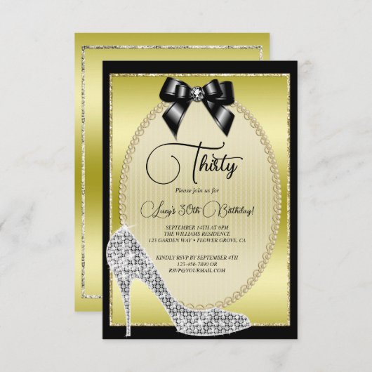Elegantes Gold, Black Bow & Stiletto Geburtstag Einladung (Vorne/Hinten)
