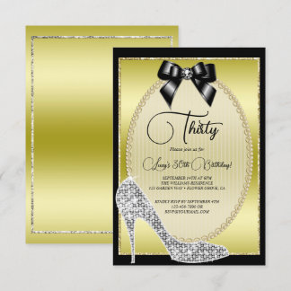 Elegantes Gold, Black Bow & Stiletto Geburtstag Einladung