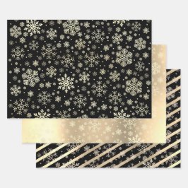 Elegantes Gold & Black Christmas Snowflake Muster  Geschenkpapier Set