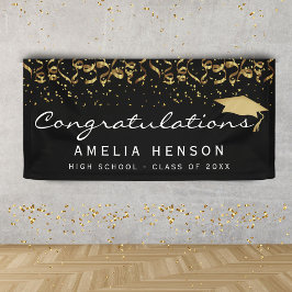 Elegantes Gold Black Confetti Graduate Party Signa Banner