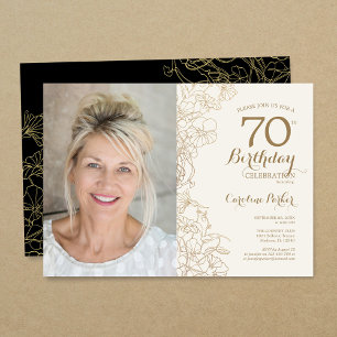 Elegantes Gold Black Floral Foto 70. Geburtstag Einladung