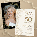 Elegantes Gold Black Foto Überraschung 50. Geburts Einladung<br><div class="desc">Elegante Goldcreme und schwarze Überraschung 50. Geburtstagsfeier mit Ihrem Foto auf der Kartenrückseite. Modernes,  feminines Design mit botanischen Akzenten und Typografie-Script-Schriftart. Einfache florale Einladungskarte perfekt für eine stilvolle weibliche Überraschung am Tag. Kann für jedes Alter angepasst werden. Gedruckte Zazzle Einladungen oder Sofortdownload digitalen druckbaren Vorlage.</div>