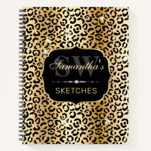 Elegantes Gold Black Glitzer Leopard Spots Monogra Notizblock