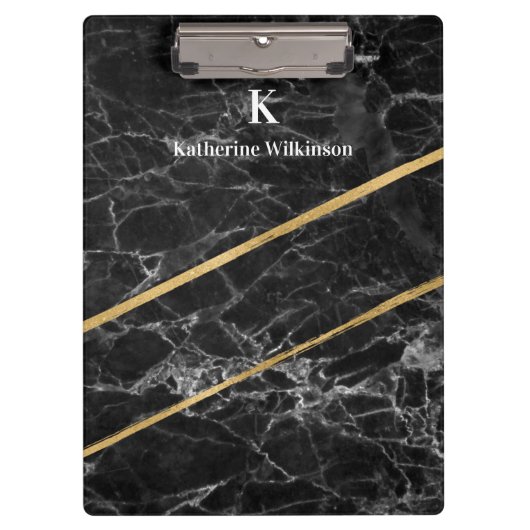 Elegantes Gold Black Marble Gold Monogramm Klemmbrett (Vorderseite)