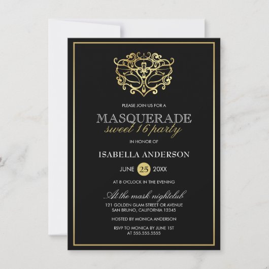 Elegantes Gold & Black Masquerade Sweet 16 Party Einladung (Vorderseite)