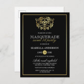 Elegantes Gold & Black Masquerade Sweet 16 Party Einladungspostkarte (Vorne/Hinten)