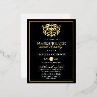 Elegantes Gold & Black Masquerade Sweet 16 Party Folie Einladungspostkarte
