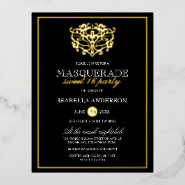 Elegantes Gold & Black Masquerade Sweet 16 Party Folie Einladungspostkarte