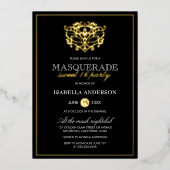Elegantes Gold & Black Masquerade Sweet 16 Party Folieneinladung (Vorderseite)