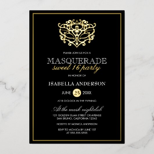 Elegantes Gold & Black Masquerade Sweet 16 Party Folieneinladung (Vorderseite)