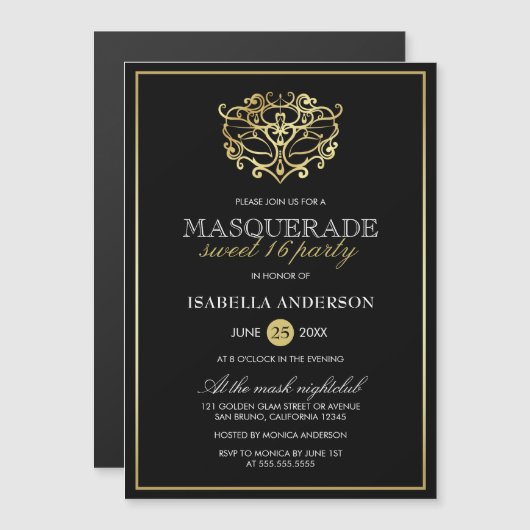 Elegantes Gold & Black Masquerade Sweet 16 Party Magneteinladung (Vorne/Hinten)