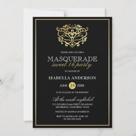 Elegantes Gold & Black Masquerade Sweet 16 Party Magneteinladung (Vorderseite)