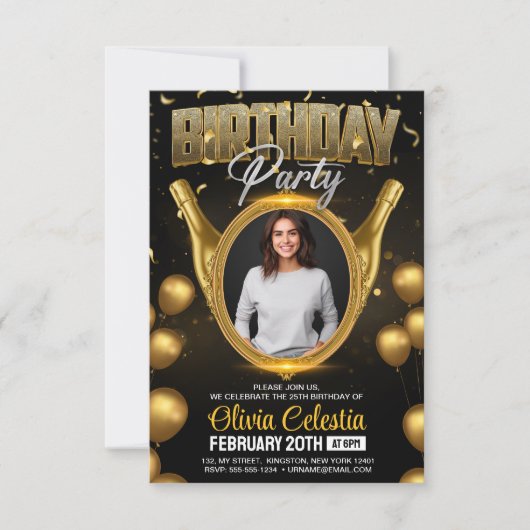 Elegantes Gold & Black Modern Birthday Party Foto Einladung (Vorderseite)