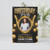 Elegantes Gold & Black Modern Birthday Party Foto Einladung (Stehend Vorderseite)
