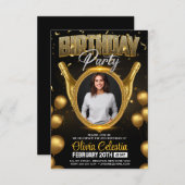 Elegantes Gold & Black Modern Birthday Party Foto Einladung (Vorne/Hinten)